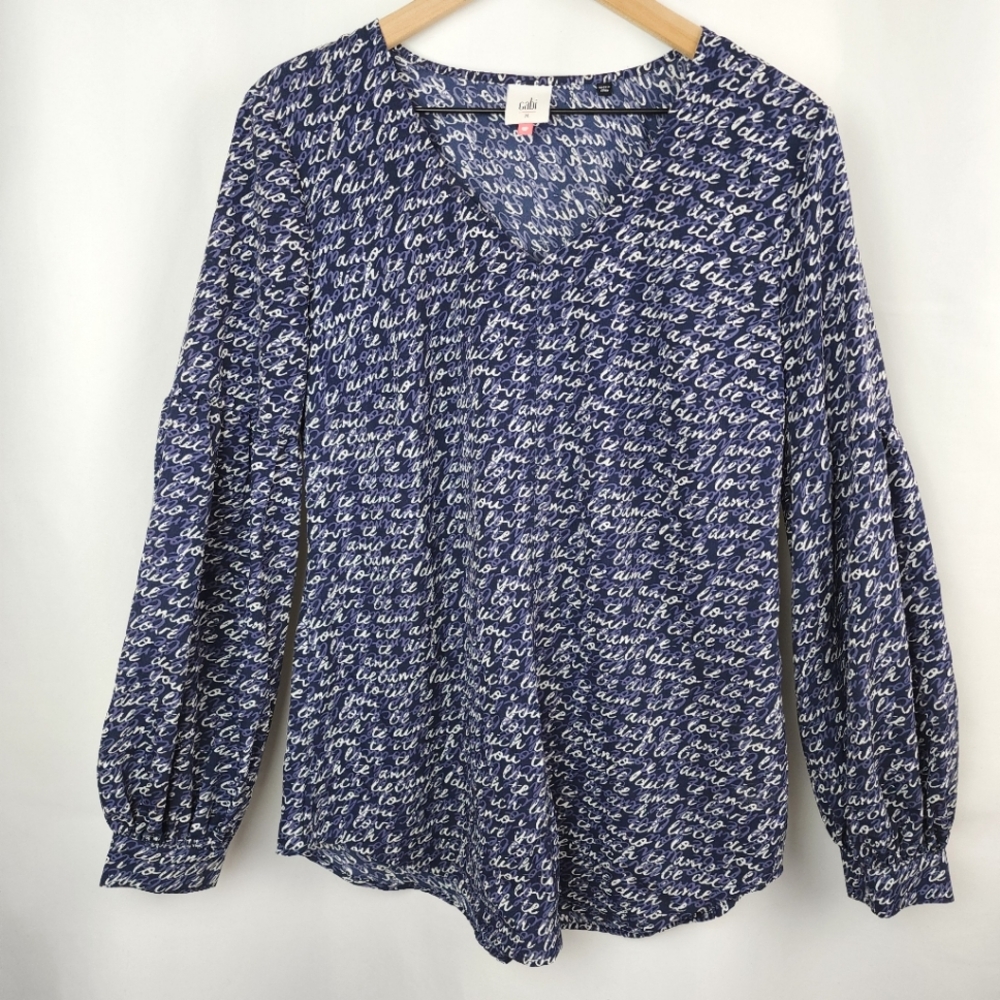 CAbi #5336 Women's Blue and White Te Amo Balloon Sleeve Top Size M